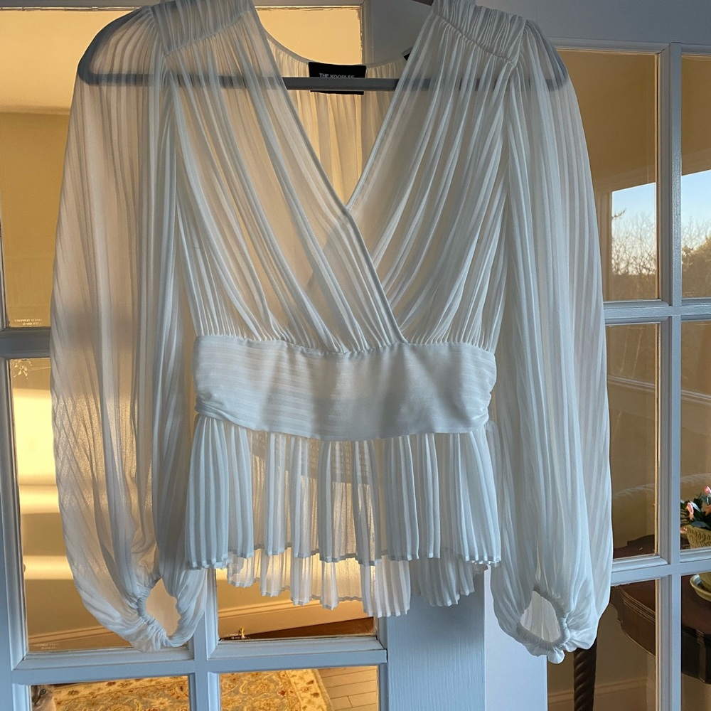 The Kooples White Puff Sleeve Blouse with Pleated Wrap Design